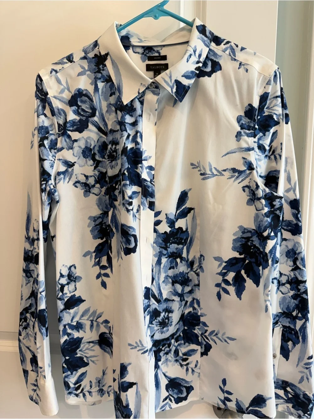 Talbots White Shirt with Blue Watercolor Floral Print